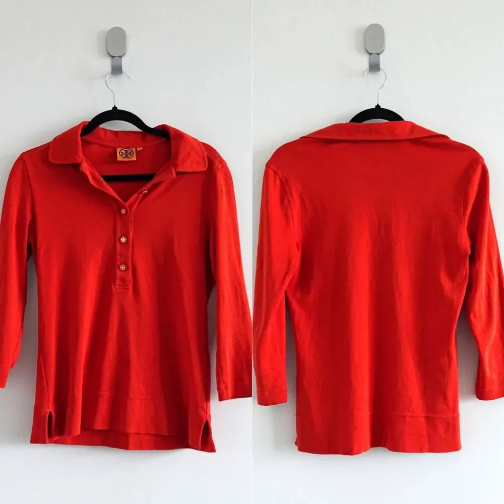 Tory Burch Red Orange 3/4 Sleeve Button Down Collared Polo Shirt Blouse Size S